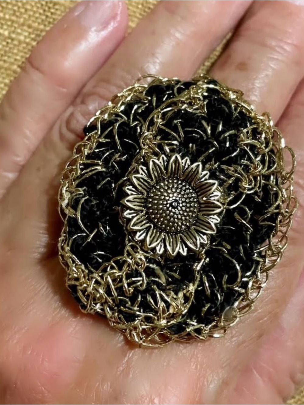 Black and Gold Sunflower Crochet Ring